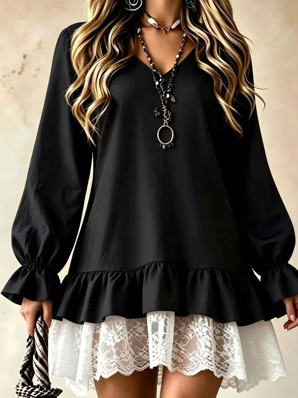 White V Neck Long Sleeve Ruffle Lace Mini Dress - Bitsy Gypsy Boutique