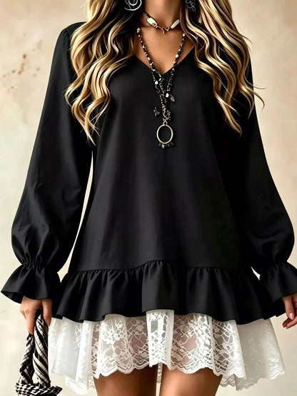 White V Neck Long Sleeve Ruffle Lace Mini Dress - Bitsy Gypsy Boutique