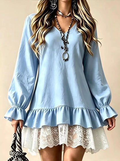 White V Neck Long Sleeve Ruffle Lace Mini Dress - Bitsy Gypsy Boutique