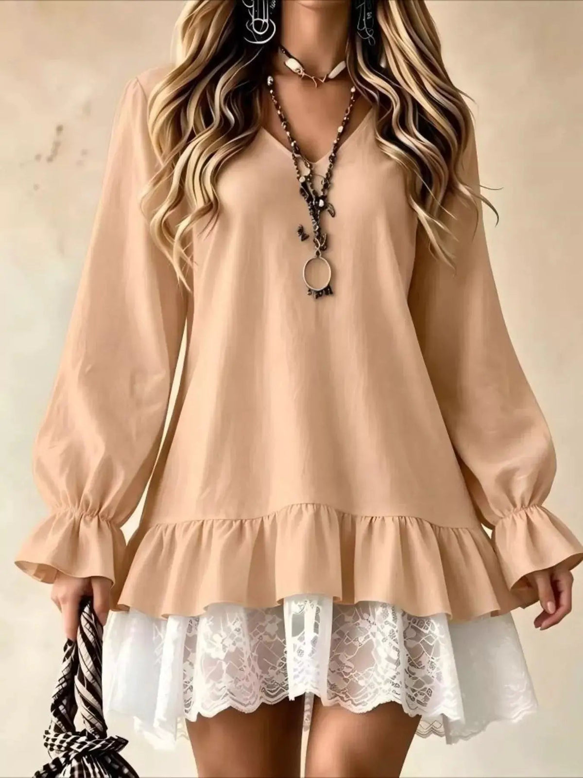 White V Neck Long Sleeve Ruffle Lace Mini Dress - Bitsy Gypsy Boutique
