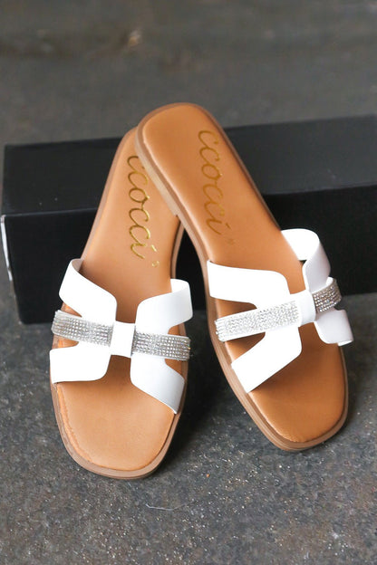 White Vegan Leather & Rhinestone Slide Sandals - Bitsy Gypsy Boutique