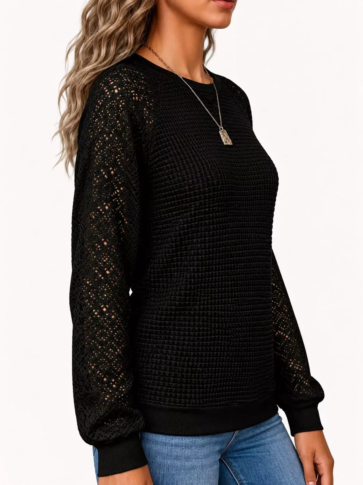 White Waffle Knit Lace Sleeve T-Shirt - Bitsy Gypsy Boutique