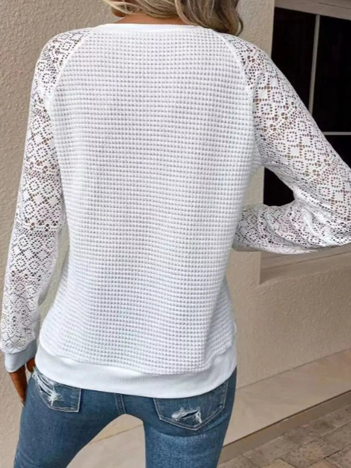 White Waffle Knit Lace Sleeve T-Shirt - Bitsy Gypsy Boutique