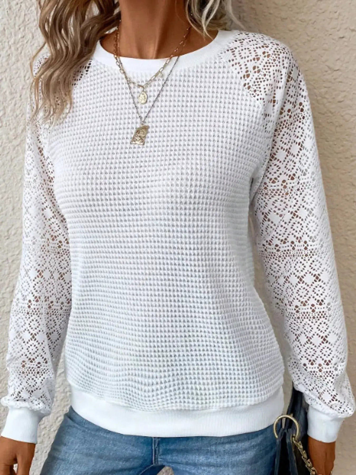 White Waffle Knit Lace Sleeve T-Shirt - Bitsy Gypsy Boutique