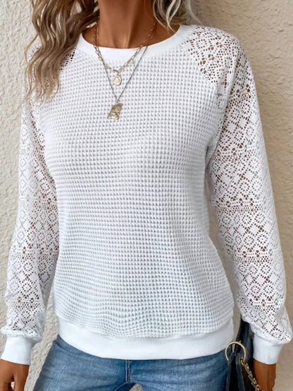 White Waffle Knit Lace Sleeve T-Shirt - Bitsy Gypsy Boutique