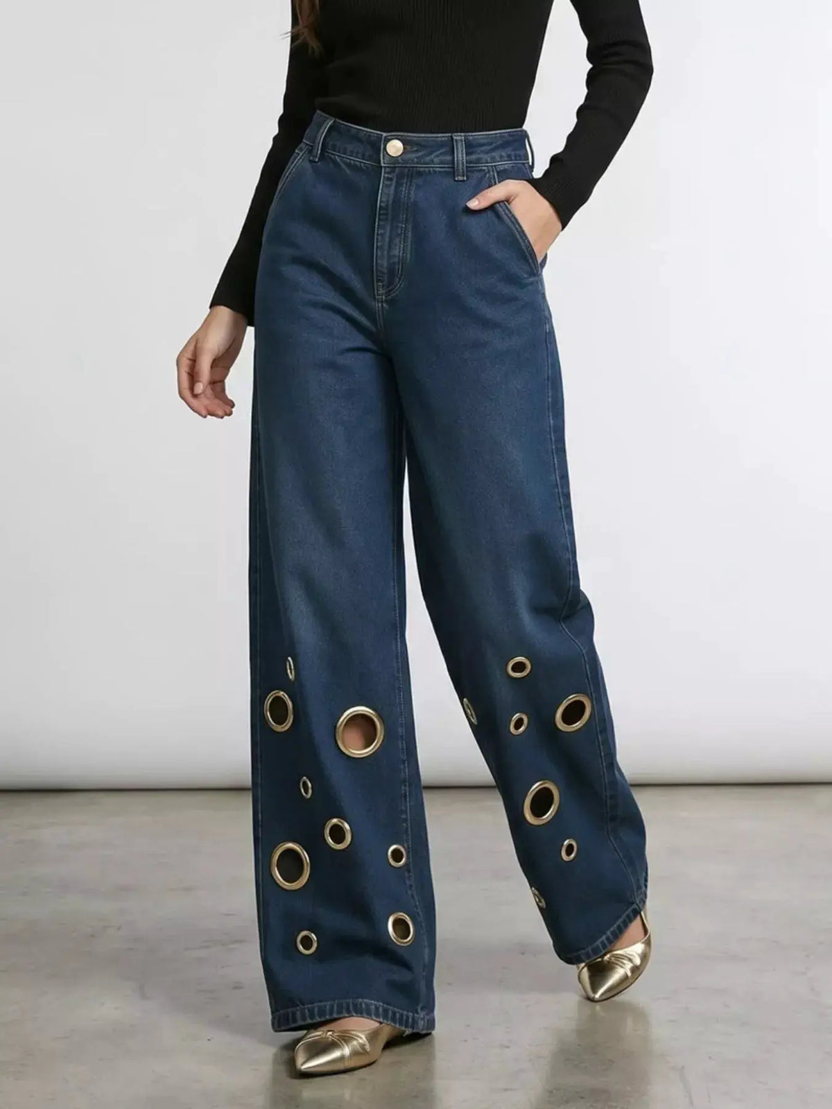 Wide Leg Jeans with Eyelet Details by Trendsi