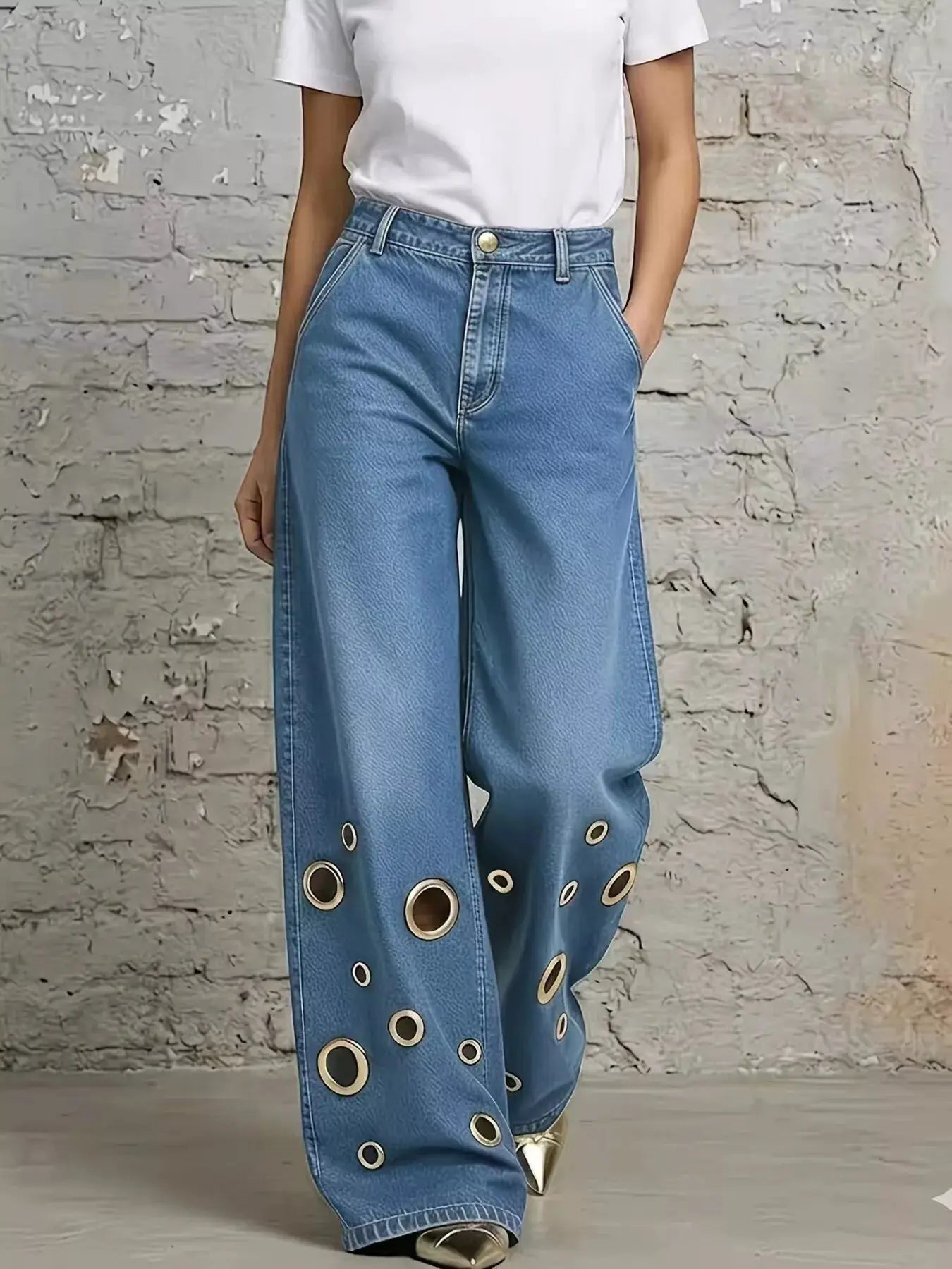 Wide Leg Jeans with Eyelet Details by Trendsi