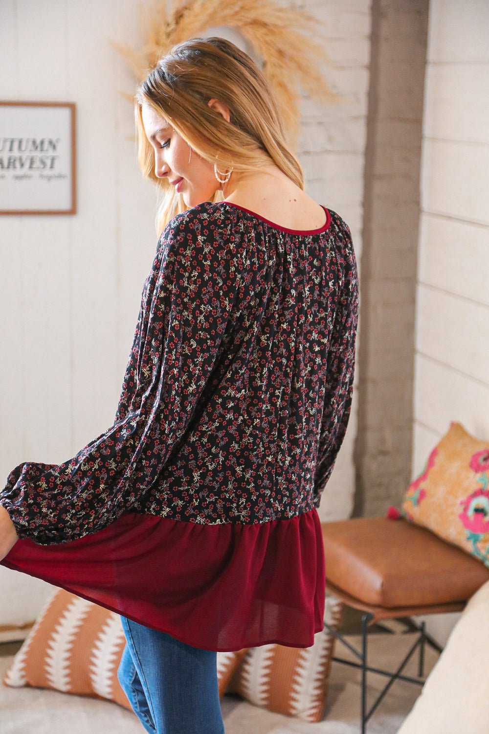 Wine Ditzy Floral Front Tie Ruffle Hem Top - Bitsy Gypsy Boutique