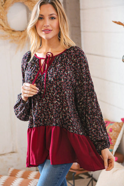 Wine Ditzy Floral Front Tie Ruffle Hem Top - Bitsy Gypsy Boutique