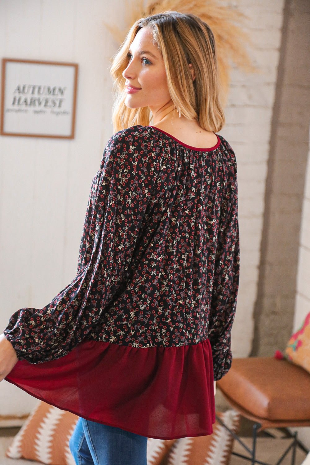 Wine Ditzy Floral Front Tie Ruffle Hem Top - Bitsy Gypsy Boutique