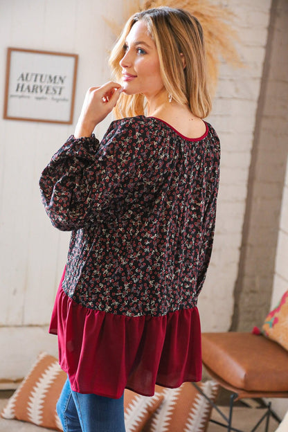 Wine Ditzy Floral Front Tie Ruffle Hem Top - Bitsy Gypsy Boutique