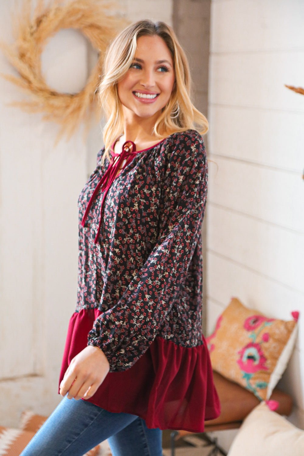 Wine Ditzy Floral Front Tie Ruffle Hem Top - Bitsy Gypsy Boutique
