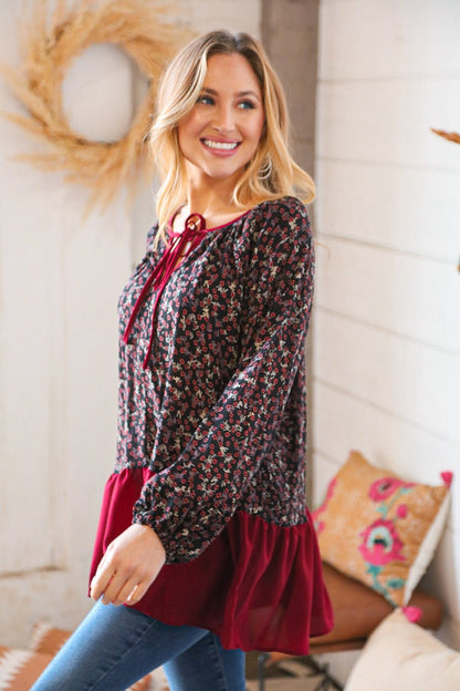 Wine Ditzy Floral Front Tie Ruffle Hem Top - Bitsy Gypsy Boutique