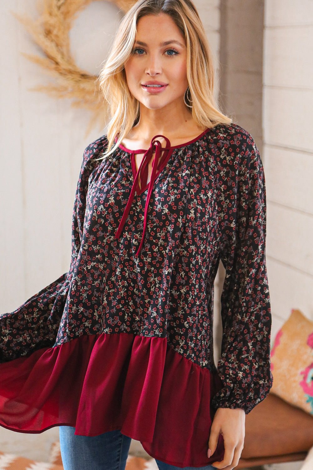 Wine Ditzy Floral Front Tie Ruffle Hem Top - Bitsy Gypsy Boutique