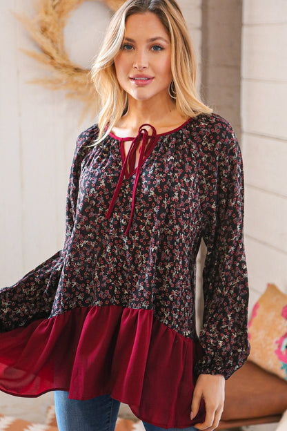 Wine Ditzy Floral Front Tie Ruffle Hem Top - Bitsy Gypsy Boutique