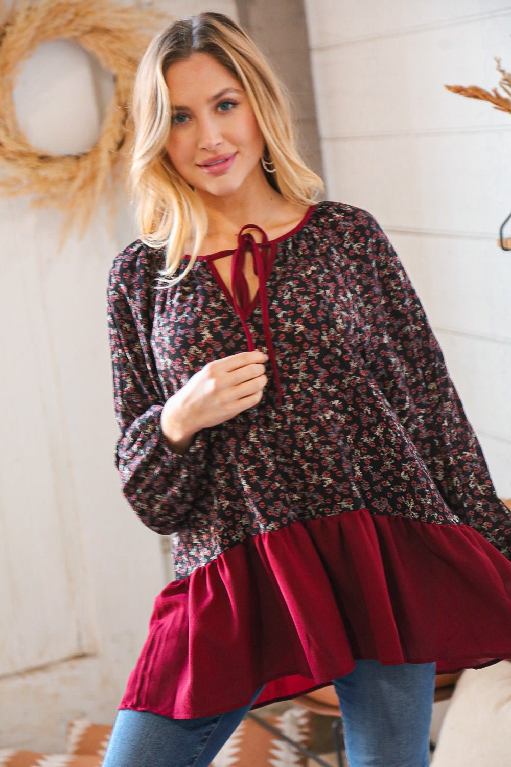 Wine Ditzy Floral Front Tie Ruffle Hem Top - Bitsy Gypsy Boutique
