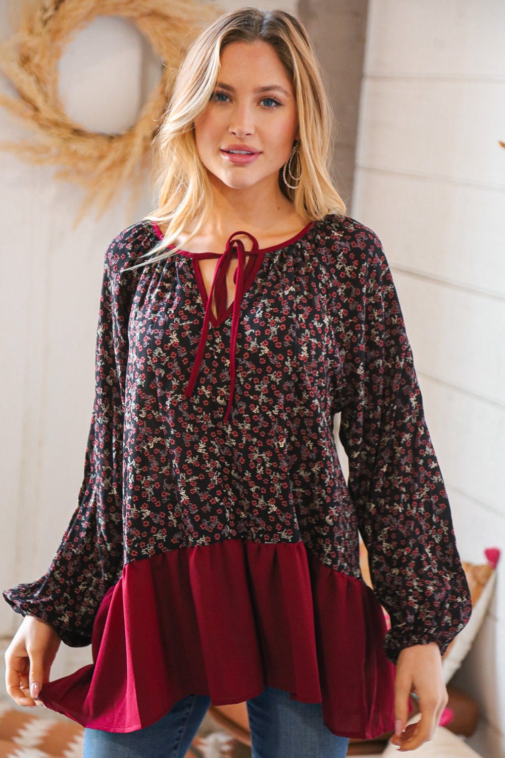 Wine Ditzy Floral Front Tie Ruffle Hem Top - Bitsy Gypsy Boutique
