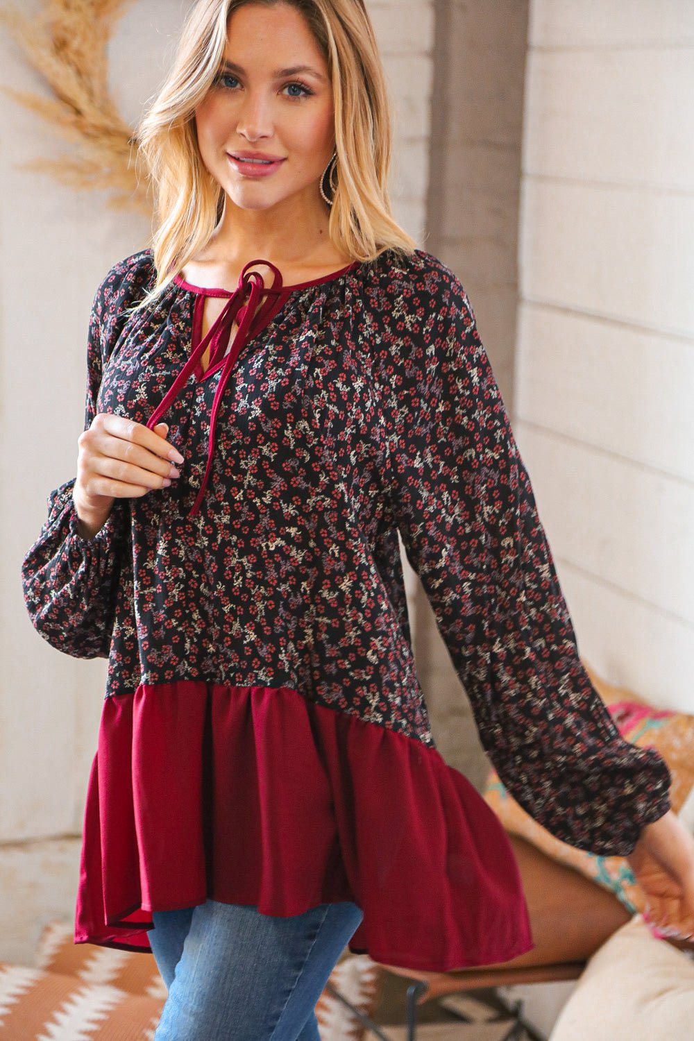 Wine Ditzy Floral Front Tie Ruffle Hem Top - Bitsy Gypsy Boutique