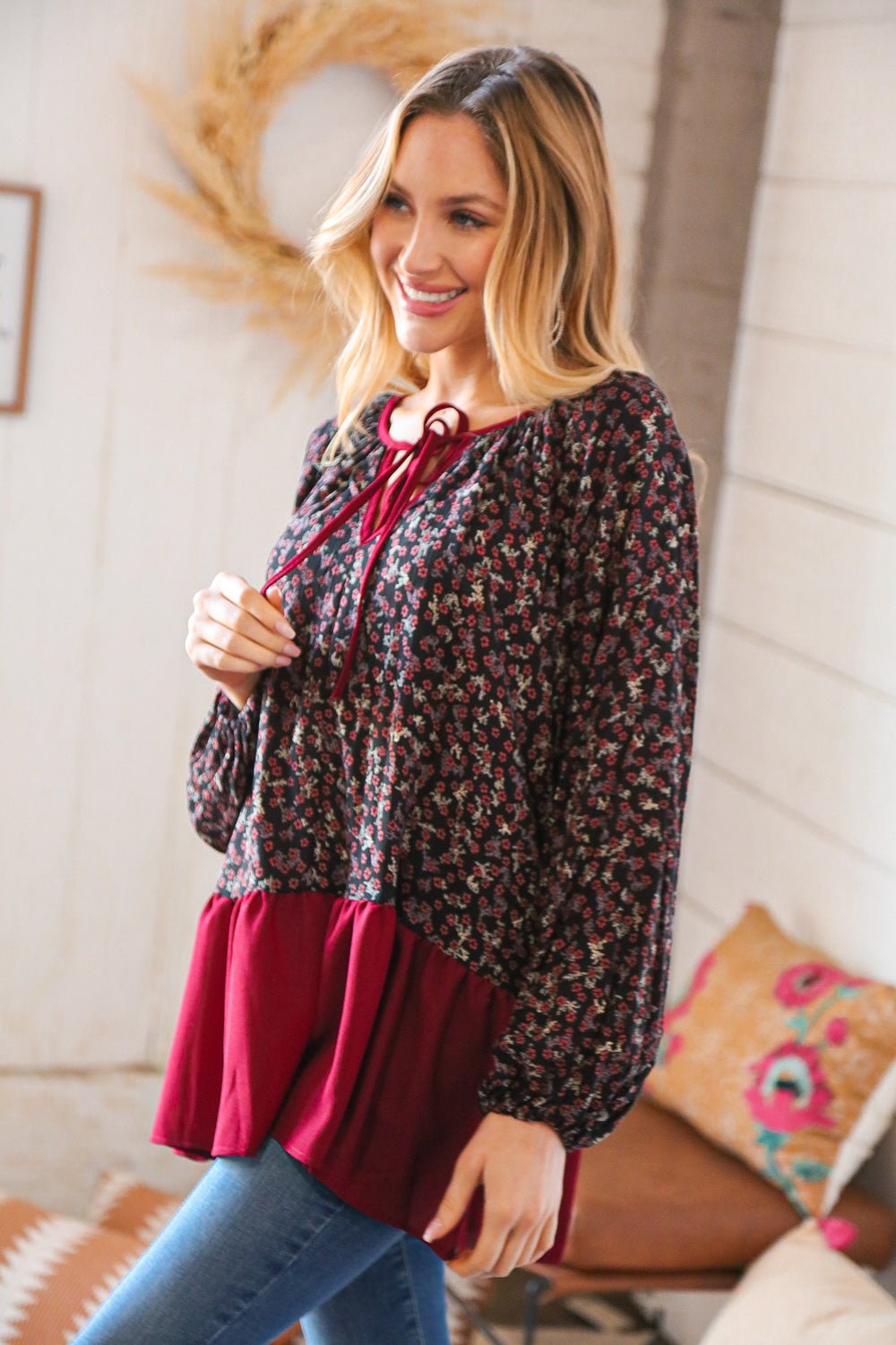 Wine Ditzy Floral Front Tie Ruffle Hem Top - Bitsy Gypsy Boutique