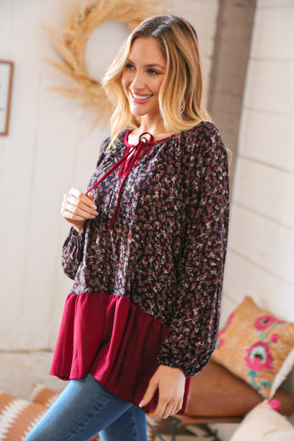 Wine Ditzy Floral Front Tie Ruffle Hem Top - Bitsy Gypsy Boutique