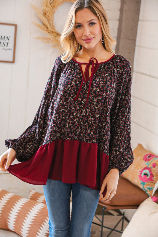 Wine Ditzy Floral Front Tie Ruffle Hem Top - Bitsy Gypsy Boutique