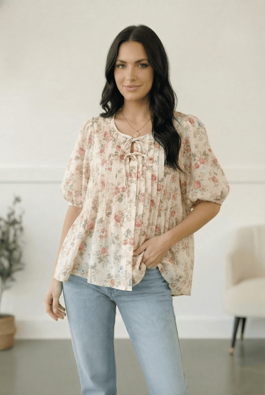 With a Rosy Glow Cream Pleated Top - Bitsy Gypsy Boutique