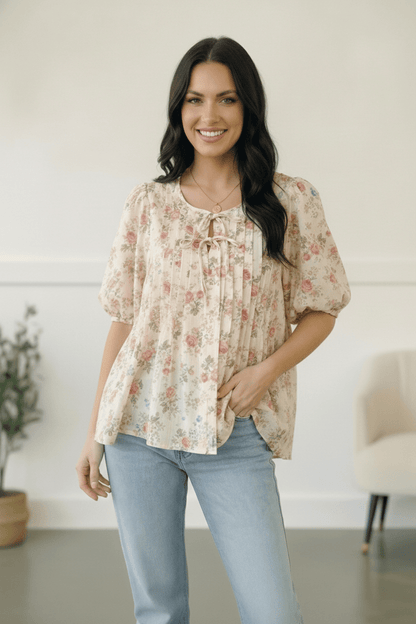 With a Rosy Glow Cream Pleated Top - Bitsy Gypsy Boutique