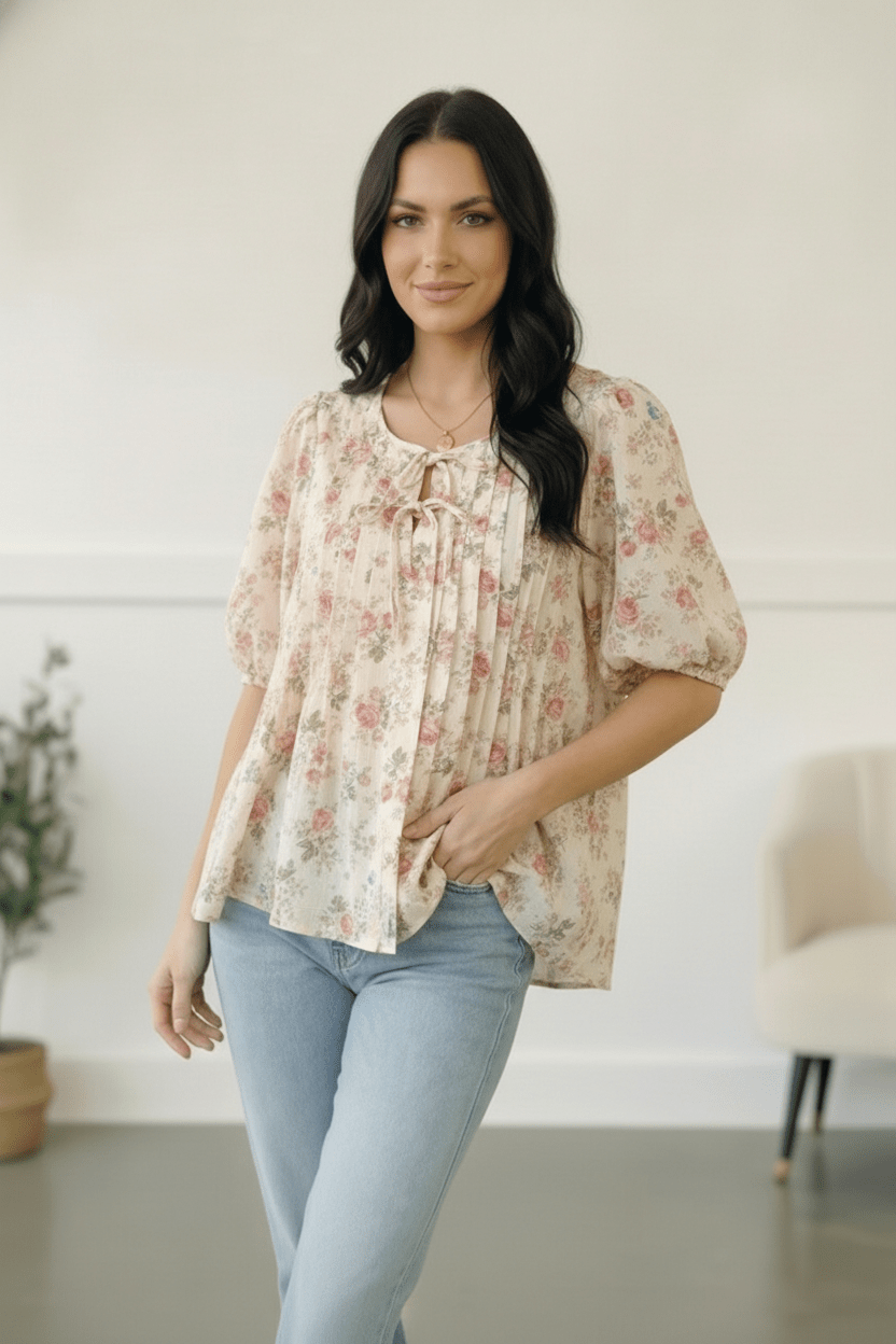 With a Rosy Glow Cream Pleated Top - Bitsy Gypsy Boutique