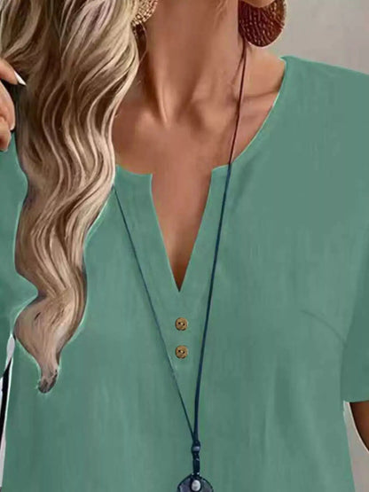 Women's Black Notched Button Front Short Sleeve Blouse - Bitsy Gypsy Boutique