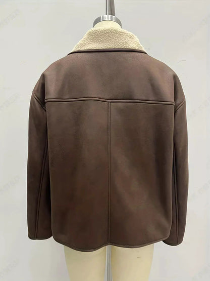 Women's Brown Sherpa Lined Double Breasted Jacket - Bitsy Gypsy Boutique