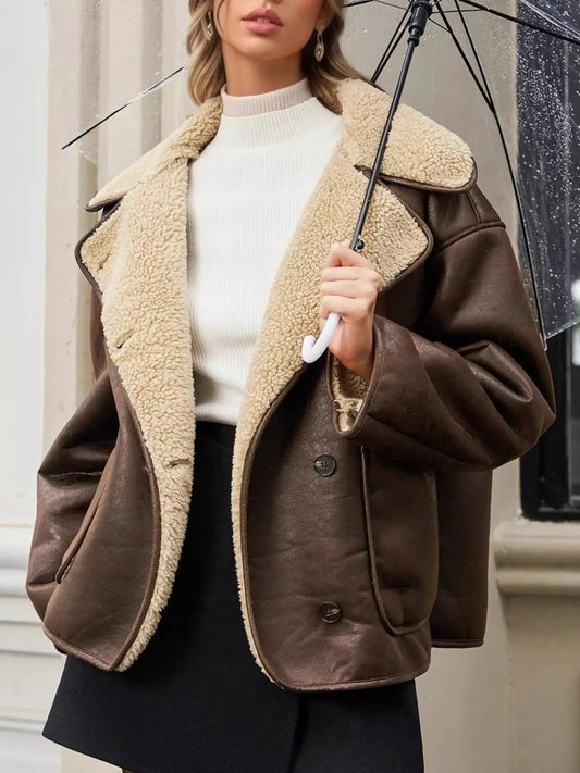 Women's Brown Sherpa Lined Double Breasted Jacket - Bitsy Gypsy Boutique