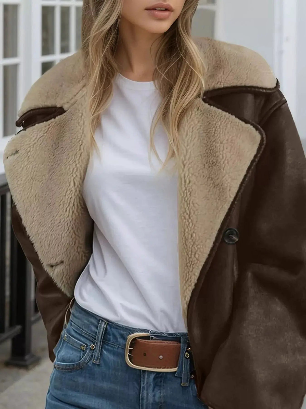 Women's Brown Sherpa Lined Double Breasted Jacket - Bitsy Gypsy Boutique