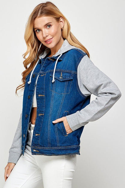 Women's Denim Jacket with Fleece Hoodies - Bitsy Gypsy Boutique
