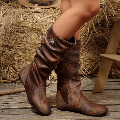 Women's Slouchy Mid-Calf Flat PU Leather Boots - Bitsy Gypsy Boutique