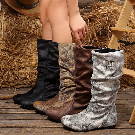 Women's Slouchy Mid-Calf Flat PU Leather Boots - Bitsy Gypsy Boutique