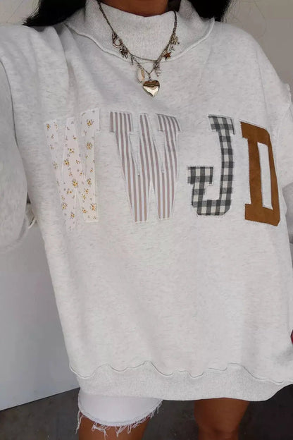WWJD Mix Pattern Letter Graphic Exposed Seam Loose Sweatshirt - Bitsy Gypsy Boutique