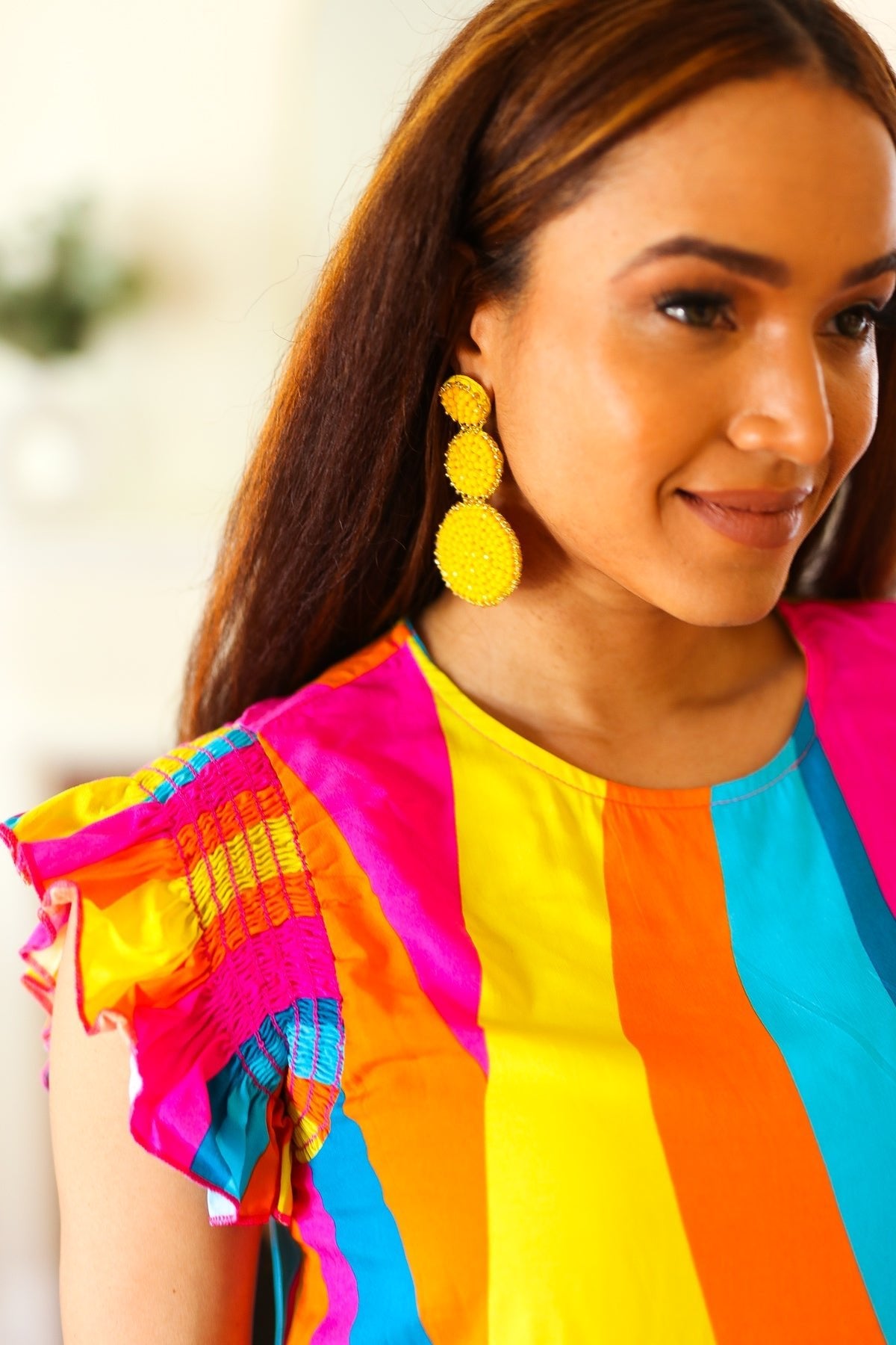 Yellow Beaded Round Pendant Earrings - Bitsy Gypsy Boutique