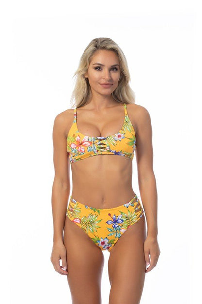 YELLOW ISLAND PRINT HIGH WAIST BIKINI SET - Bitsy Gypsy Boutique