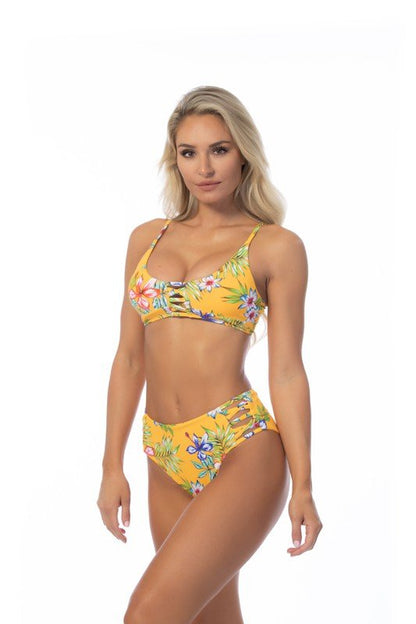 YELLOW ISLAND PRINT HIGH WAIST BIKINI SET - Bitsy Gypsy Boutique