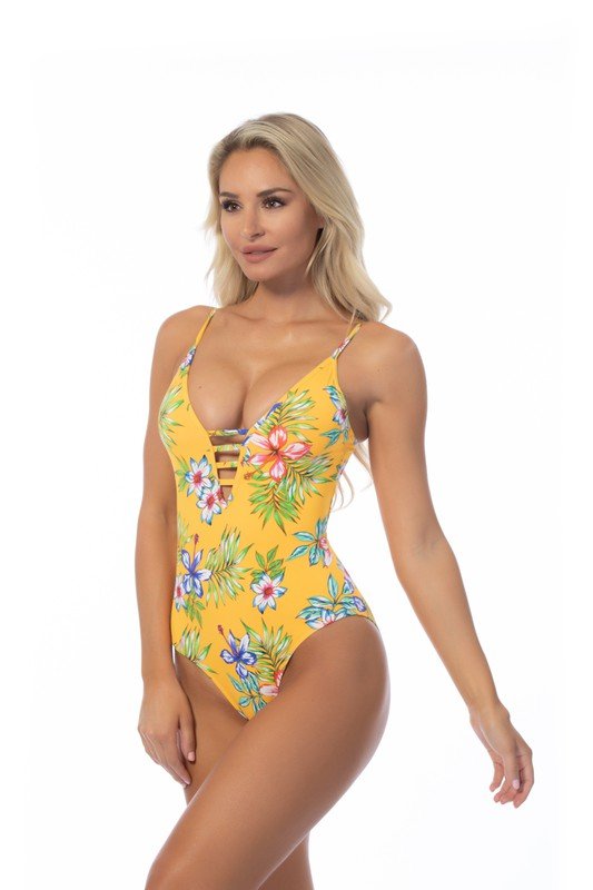 YELLOW ISLAND PRINT ONE PIECE SWIMSUIT - Bitsy Gypsy Boutique