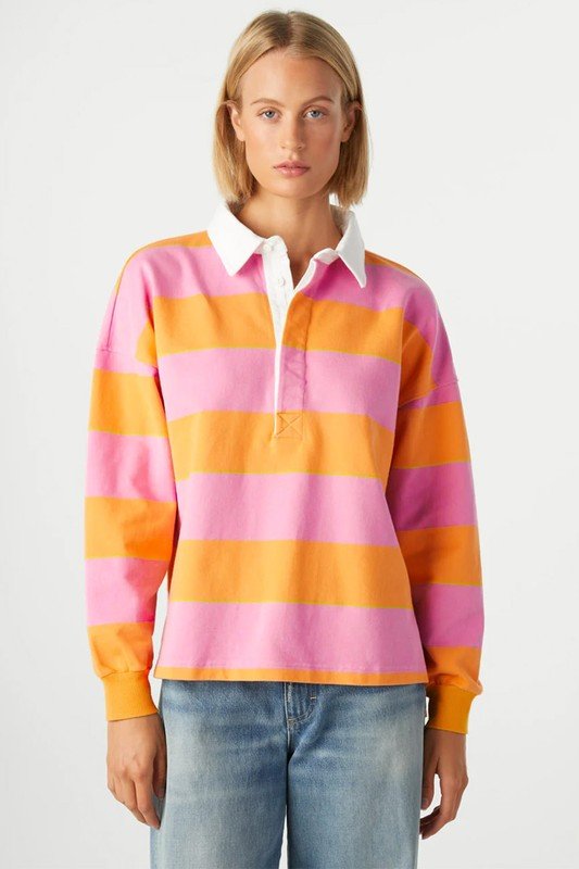 Yellow Stripe Color Block Polo Collar Sweatshirt - Bitsy Gypsy Boutique