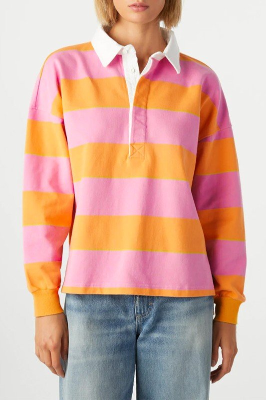 Yellow Stripe Color Block Polo Collar Sweatshirt - Bitsy Gypsy Boutique