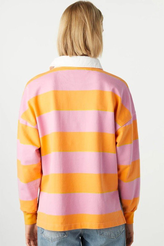 Yellow Stripe Color Block Polo Collar Sweatshirt - Bitsy Gypsy Boutique