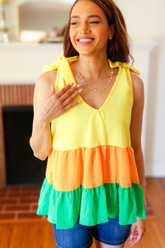 Yellow & Tangerine Tiered Shoulder Tie Crepe Top - Bitsy Gypsy Boutique