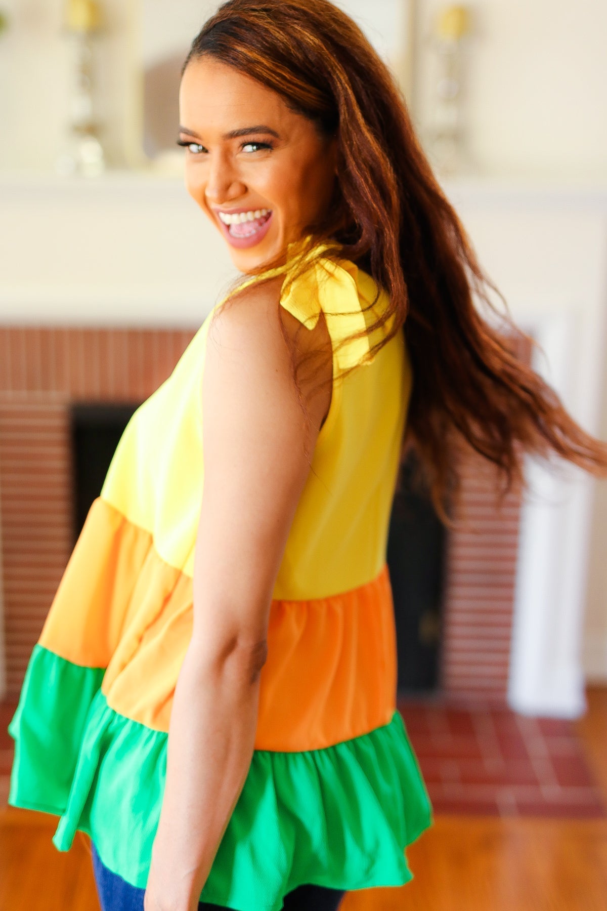 Yellow & Tangerine Tiered Shoulder Tie Crepe Top - Bitsy Gypsy Boutique