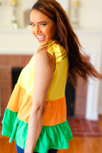 Yellow & Tangerine Tiered Shoulder Tie Crepe Top - Bitsy Gypsy Boutique
