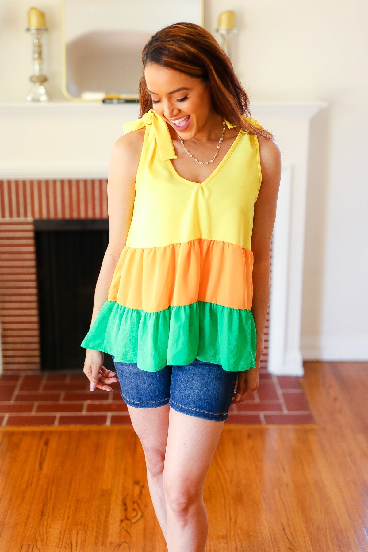 Yellow & Tangerine Tiered Shoulder Tie Crepe Top - Bitsy Gypsy Boutique