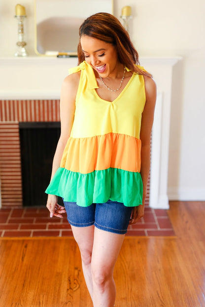 Yellow & Tangerine Tiered Shoulder Tie Crepe Top - Bitsy Gypsy Boutique