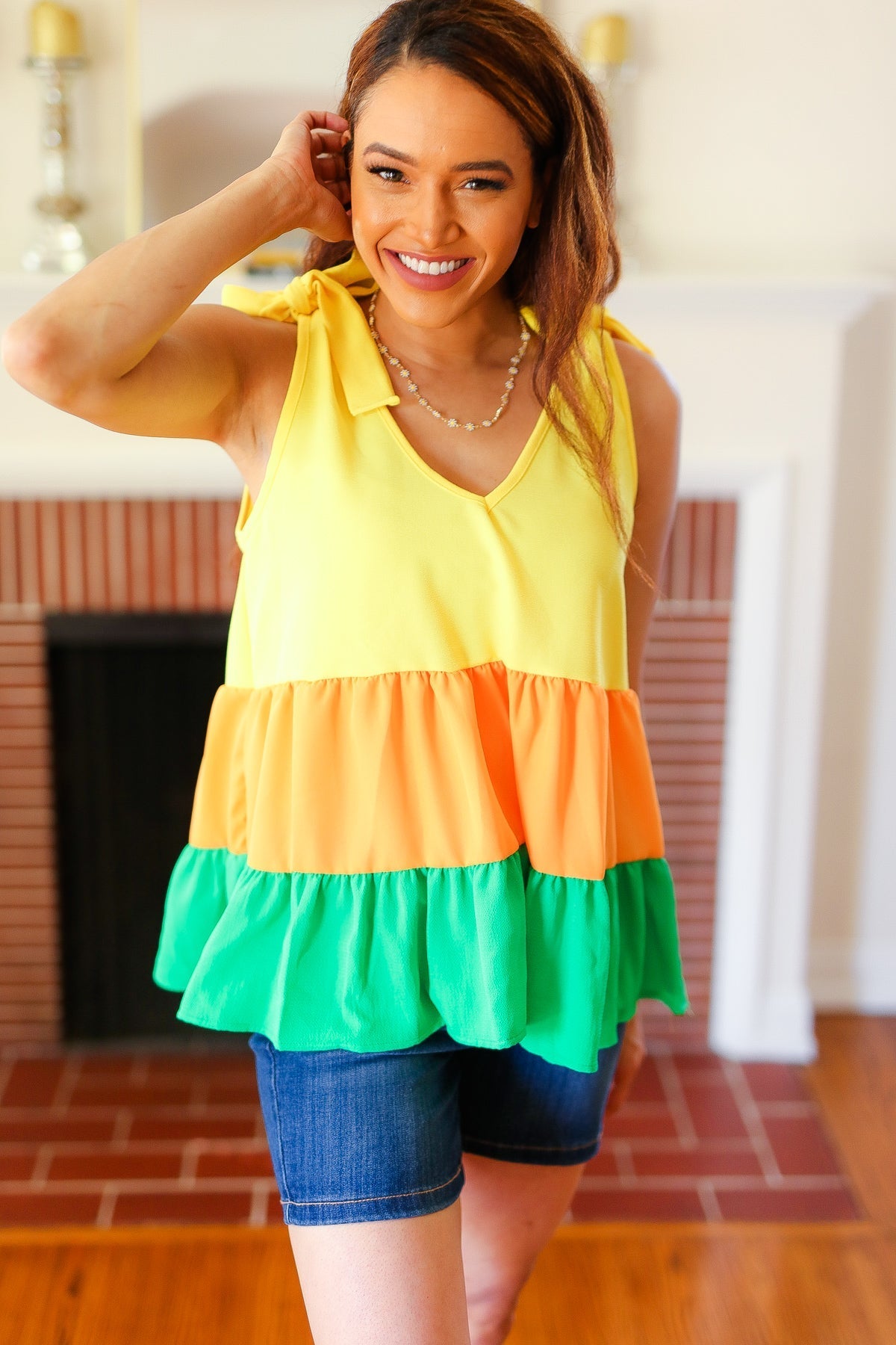 Yellow & Tangerine Tiered Shoulder Tie Crepe Top - Bitsy Gypsy Boutique
