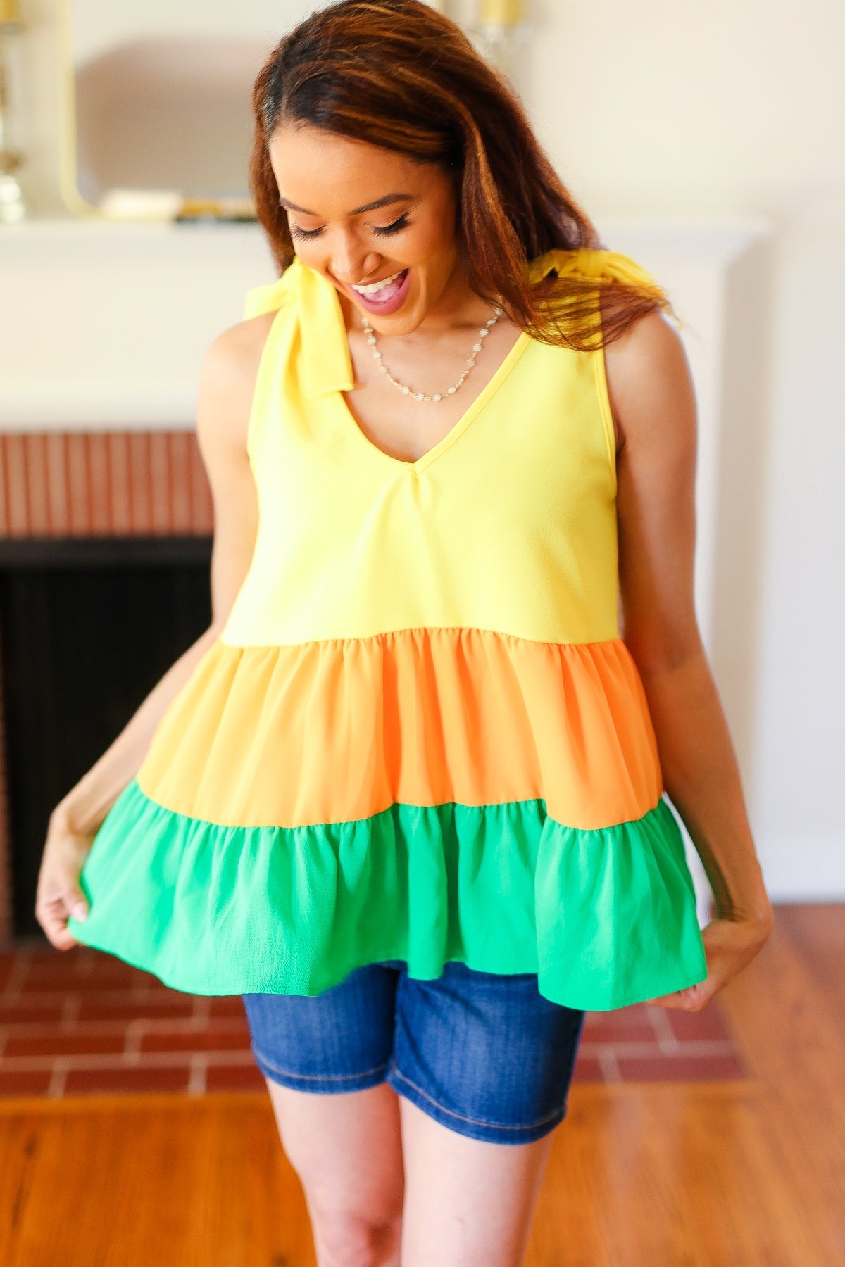 Yellow & Tangerine Tiered Shoulder Tie Crepe Top - Bitsy Gypsy Boutique